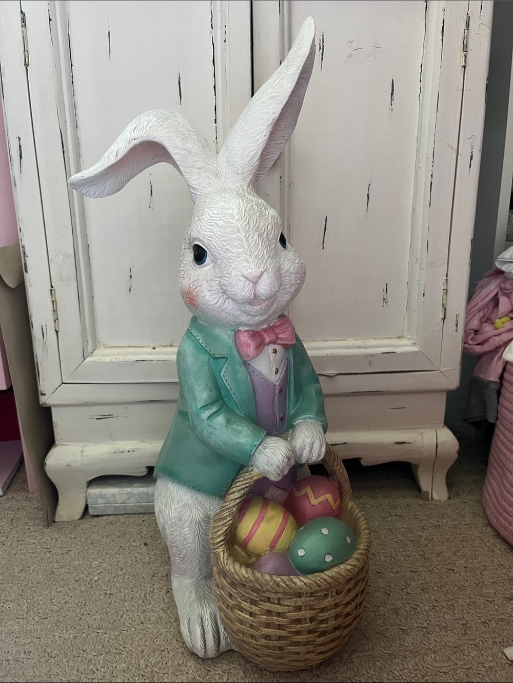 White and Mint Easter Bunny Figurine with Basket of Eggs